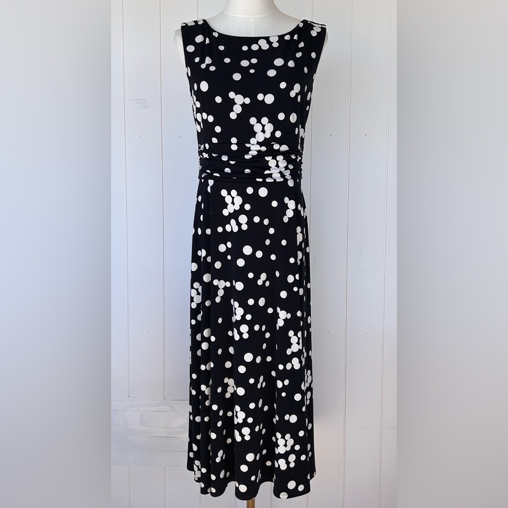 Jessica Howard Polka-Dot Midi‎ Dress Ruched Waist Sleeveless A-Line Size 10